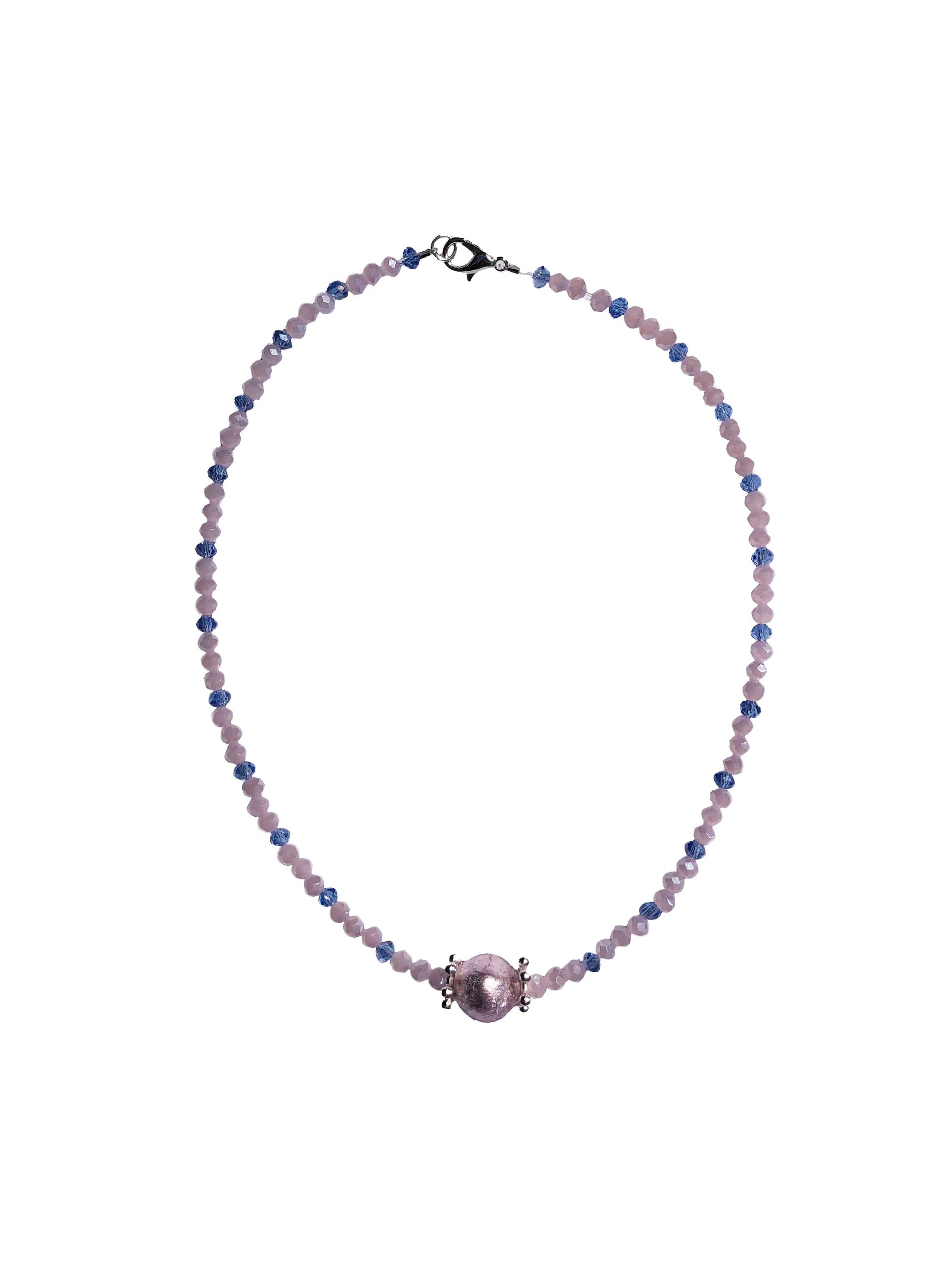 handcrafted pink and blue crystal beaded necklace with paper mache charm.