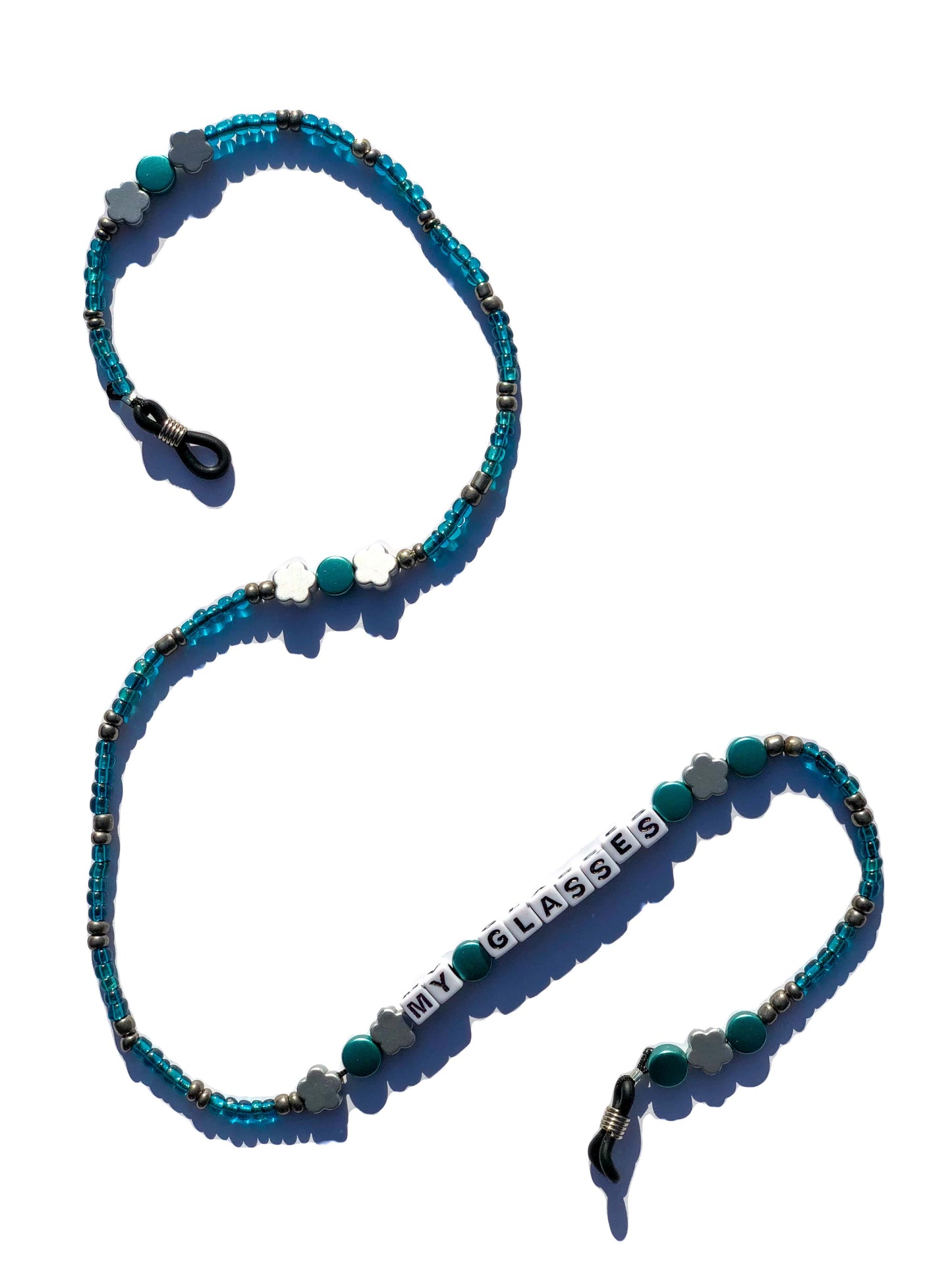 handcrafted grey and blue glass and charm beaded glasses strap with lettered beads. 