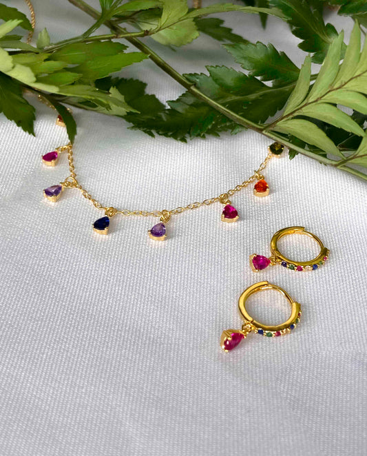 925 gold-plated sterling silver huggie hoop earrings and chain necklace with multicolored zirconia stones. 