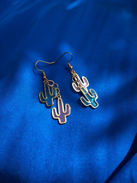 Handcrafted golden chain link earrings with pink and blue cacti charms 