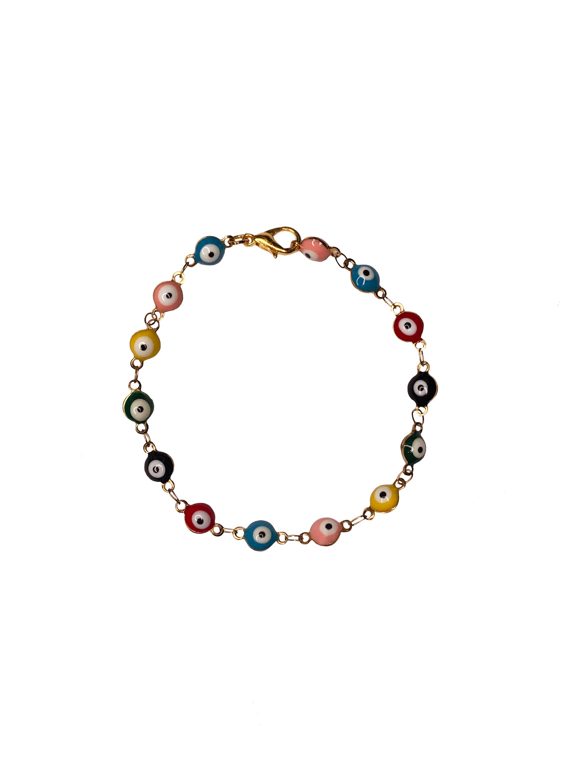 multicolored evil eye charms handcrafted into a chain bracelet