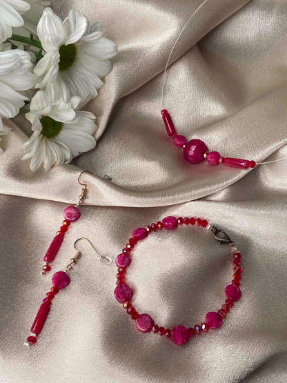 Handmade red crystal and pink rubellite stone dangle drop earrings, bracelet, and pendant necklace.