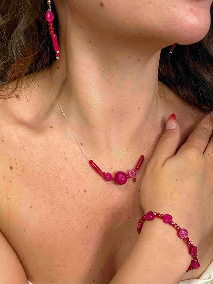 Handmade red crystal and pink rubellite stone dangle drop earrings, bracelet, and pendant necklace.