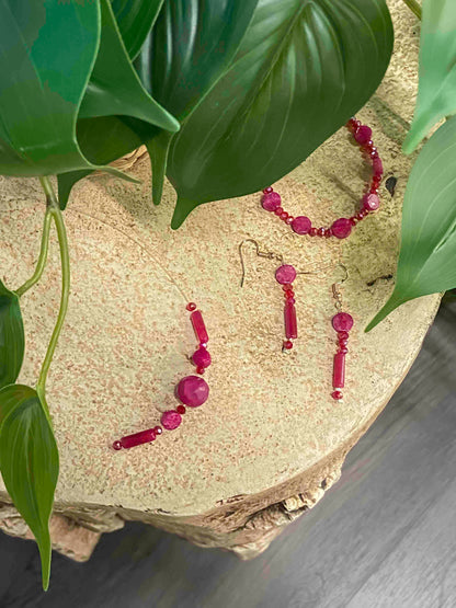 Handmade red crystal beaded and pink rubellite stone dangle drop earrings, bracelet, and pendant necklace.