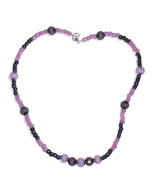 handcrafted choker made using purple and black glass beads.