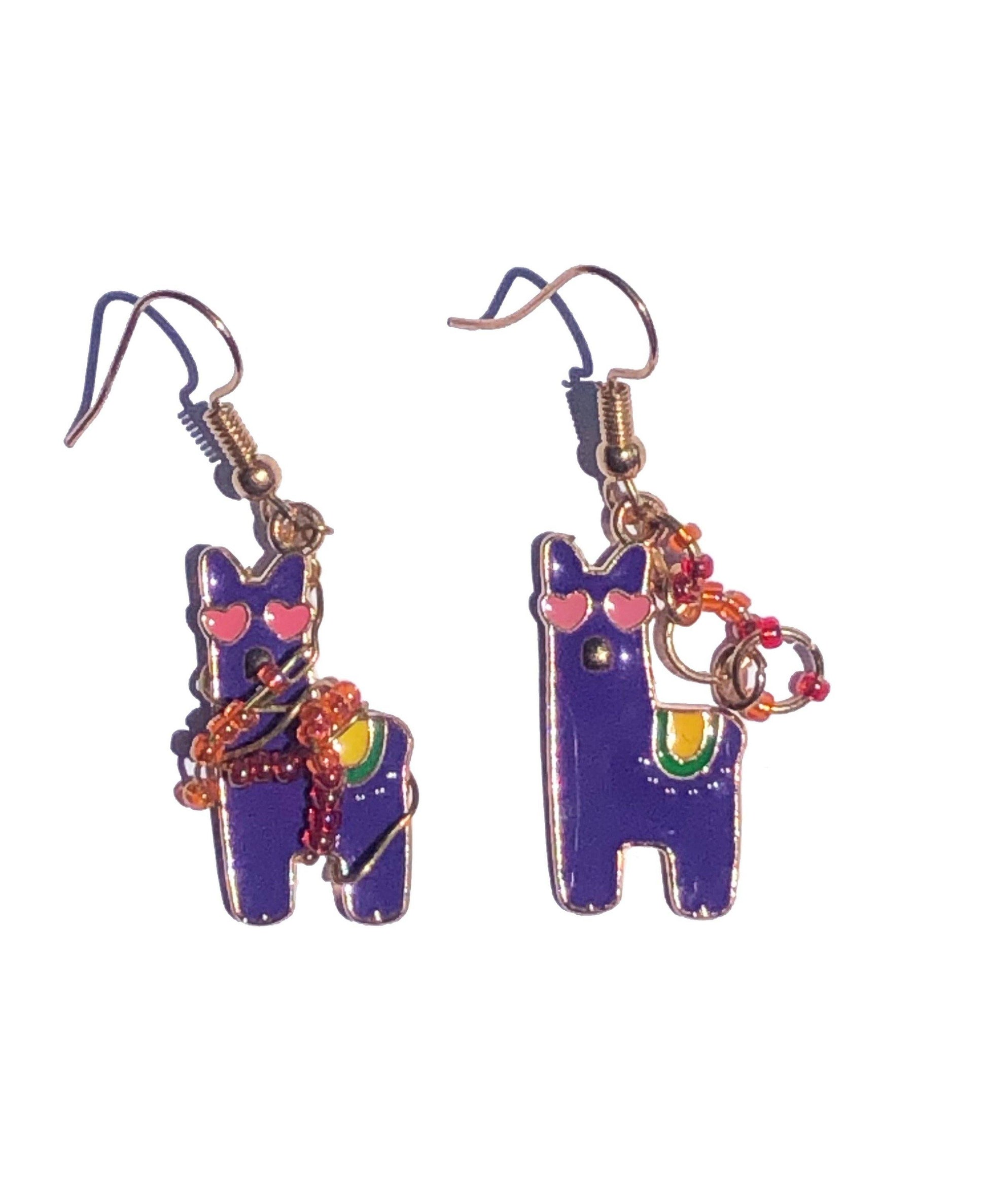mismatched red and orange glass beaded wire wrapped llama charm earrings 