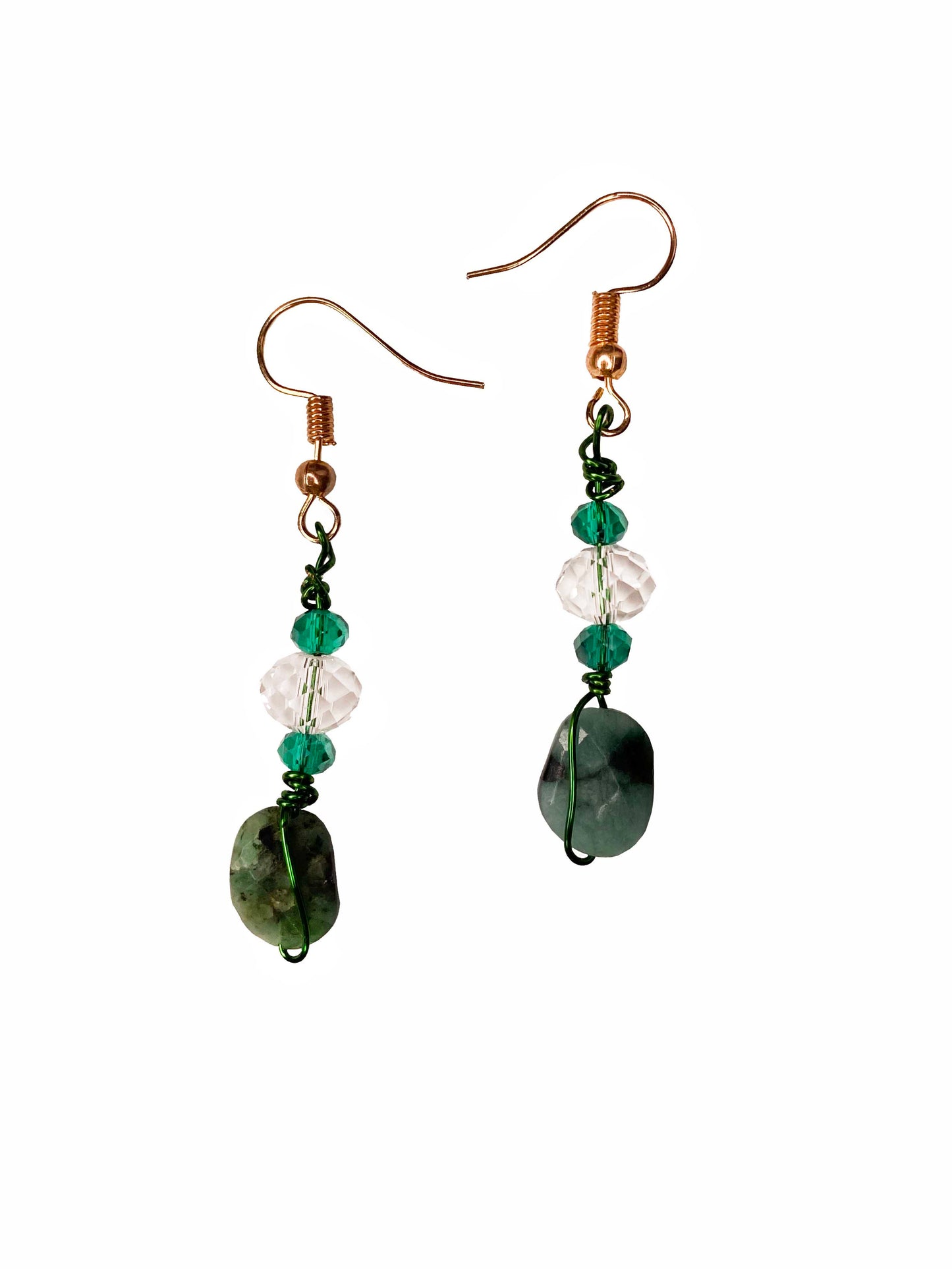 handmade wire wrapped emerald earrings with crystal beads.