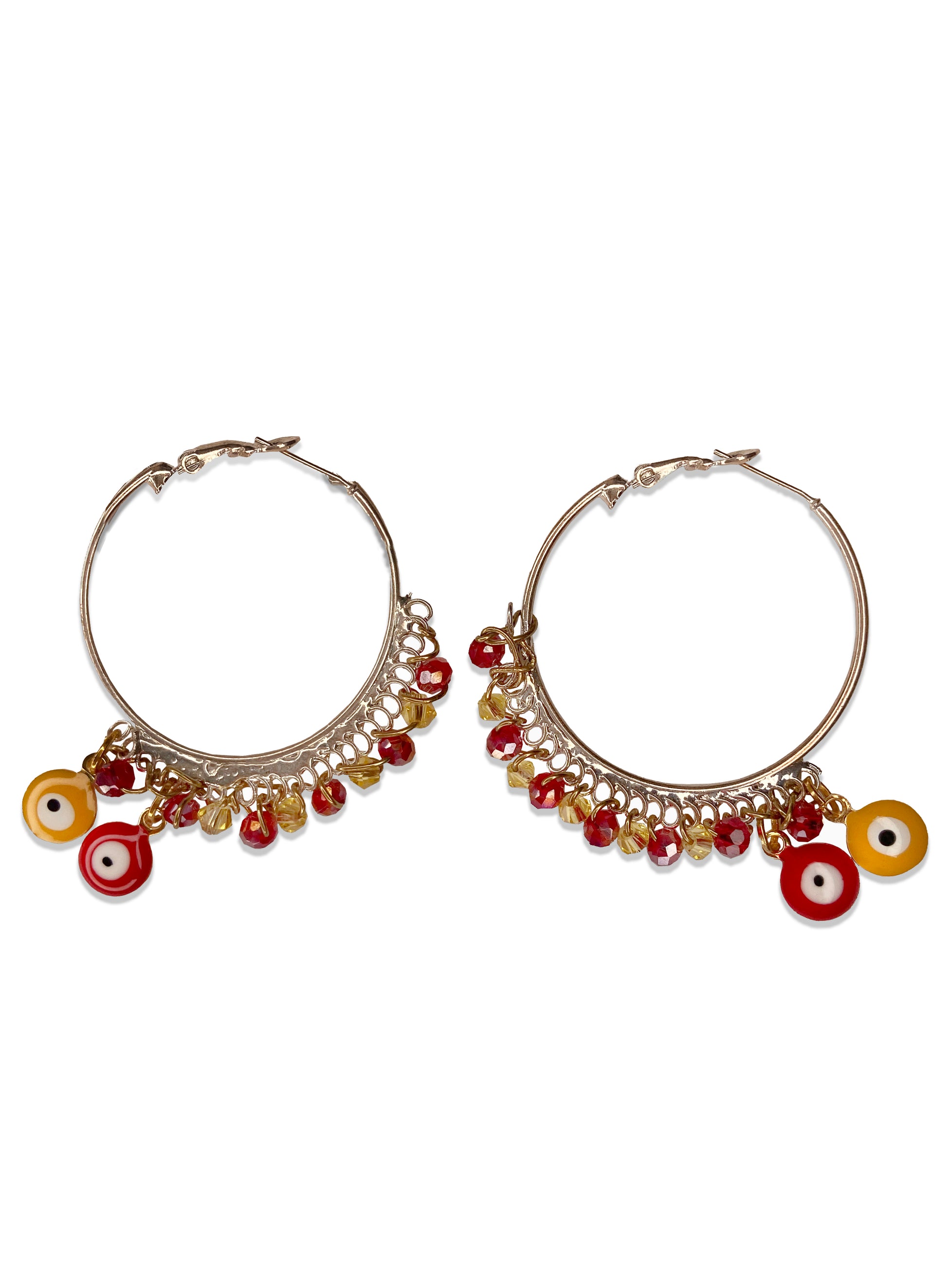 Handmade red and yellow evil eye charm and crystal beaded silver hoops.