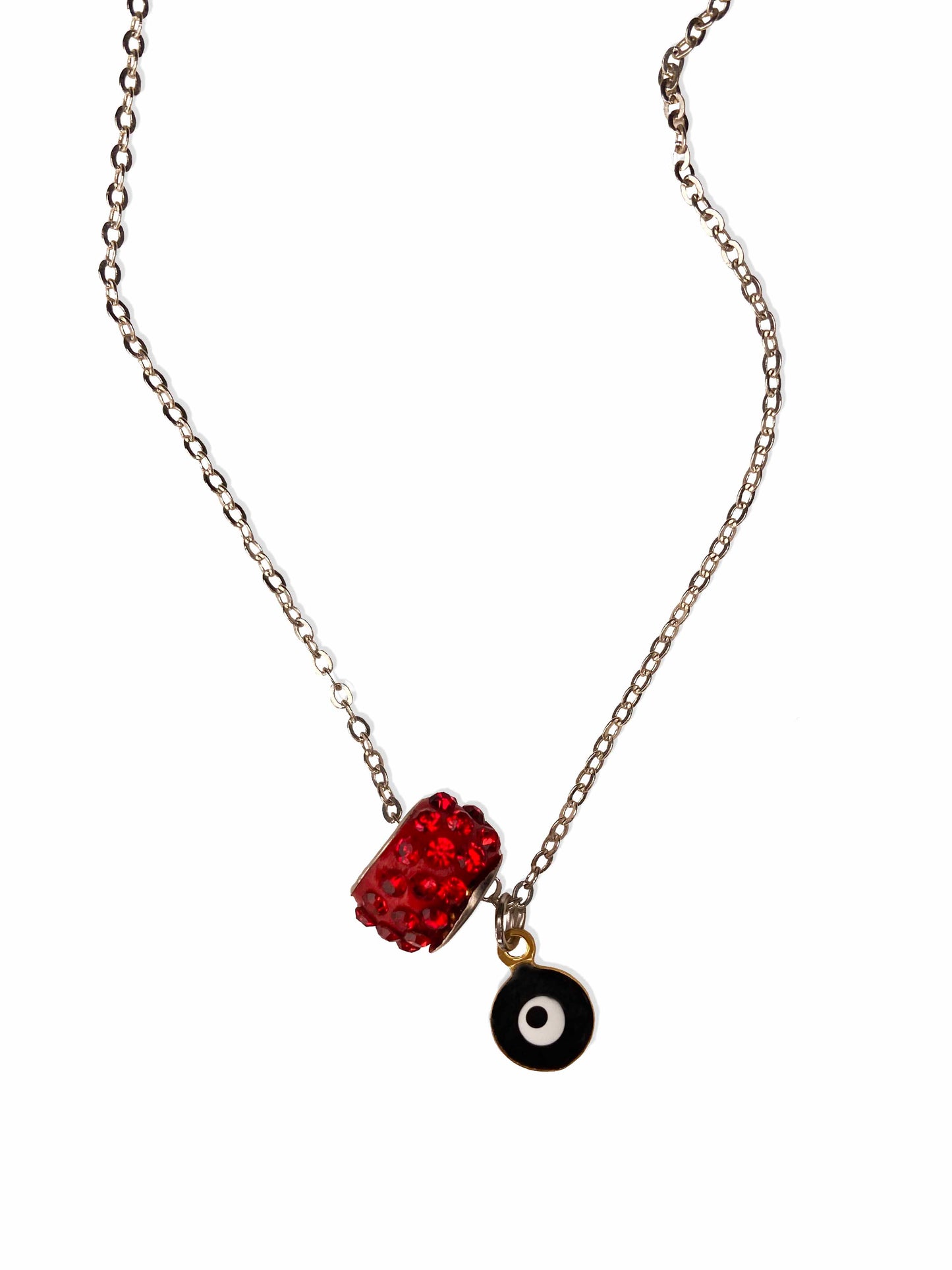 Handmade black evil eye & red rhinestone charm pendant necklace.