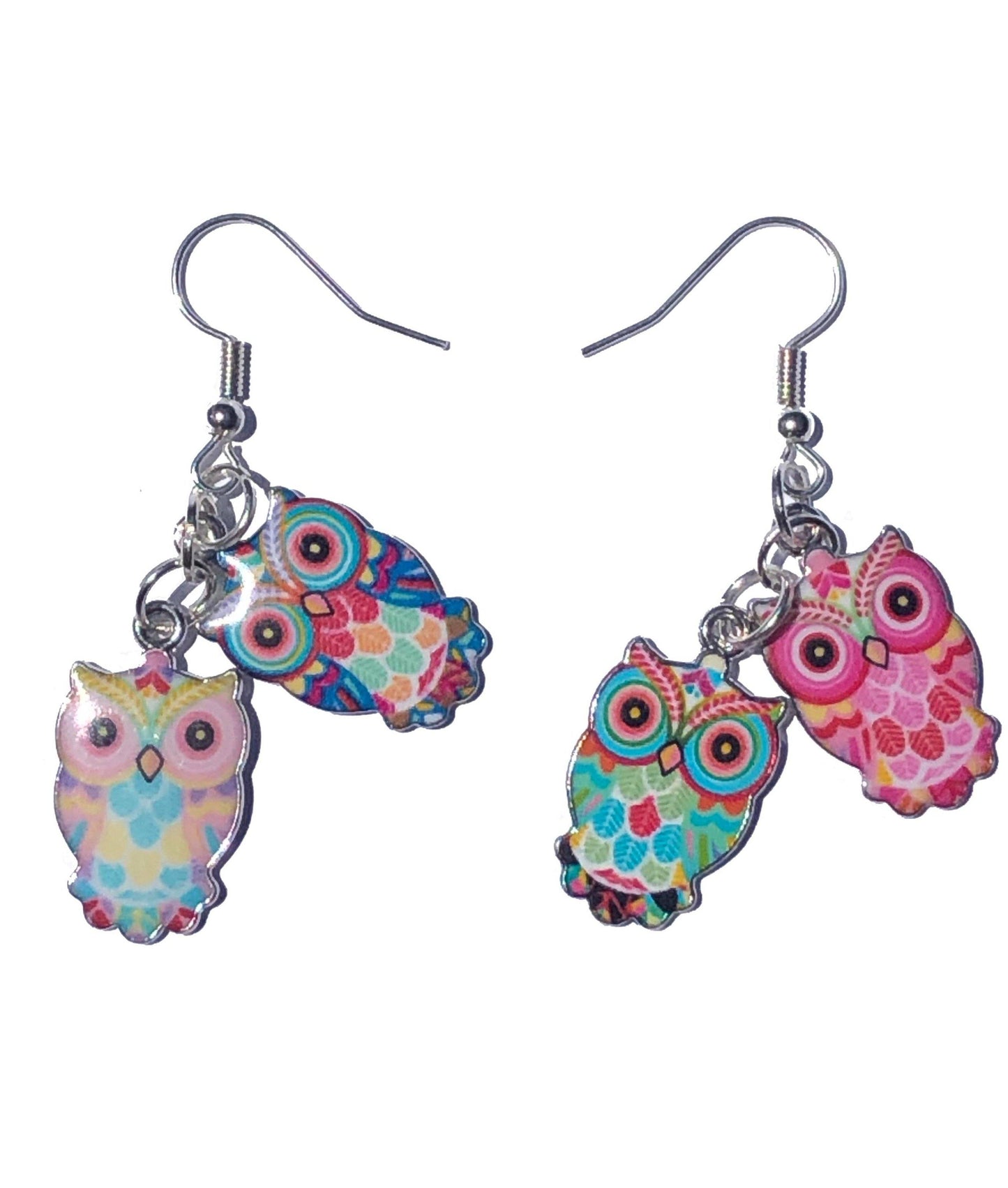 handcrafted silver chain link earrings with colorful owl charms .