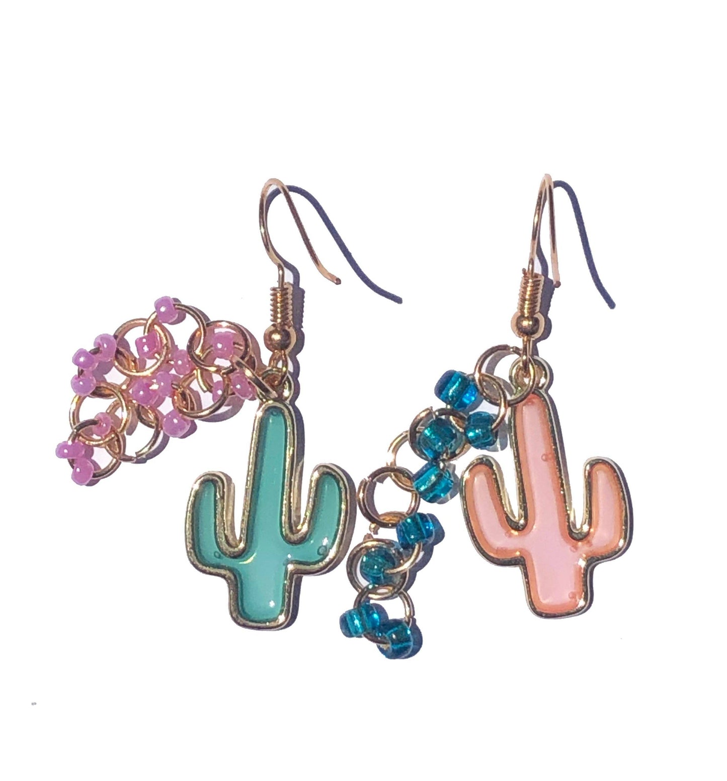handcrafted mismatched pair of pink and blue beaded chain link earrings with green and pink cactus charms.