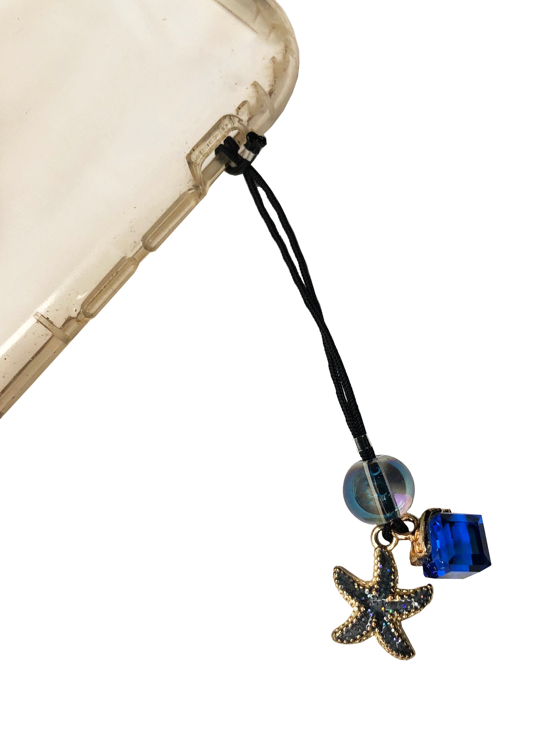 Handmade beaded phone charm made using starfish charm, a glass bead, and a blue glass cube charm.