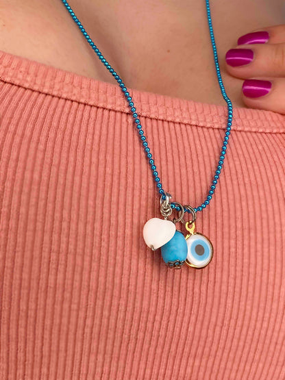 Handmade turquoise stone and evil eye pendant and dangle drop earring set. 