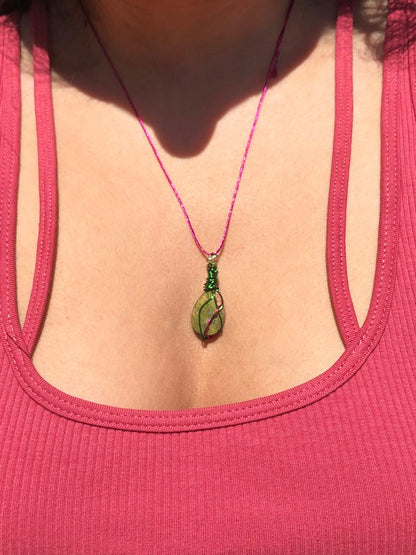 handcrafted green and pink wire wrapped quartz pendant necklace with adjustable sliding knot ties.