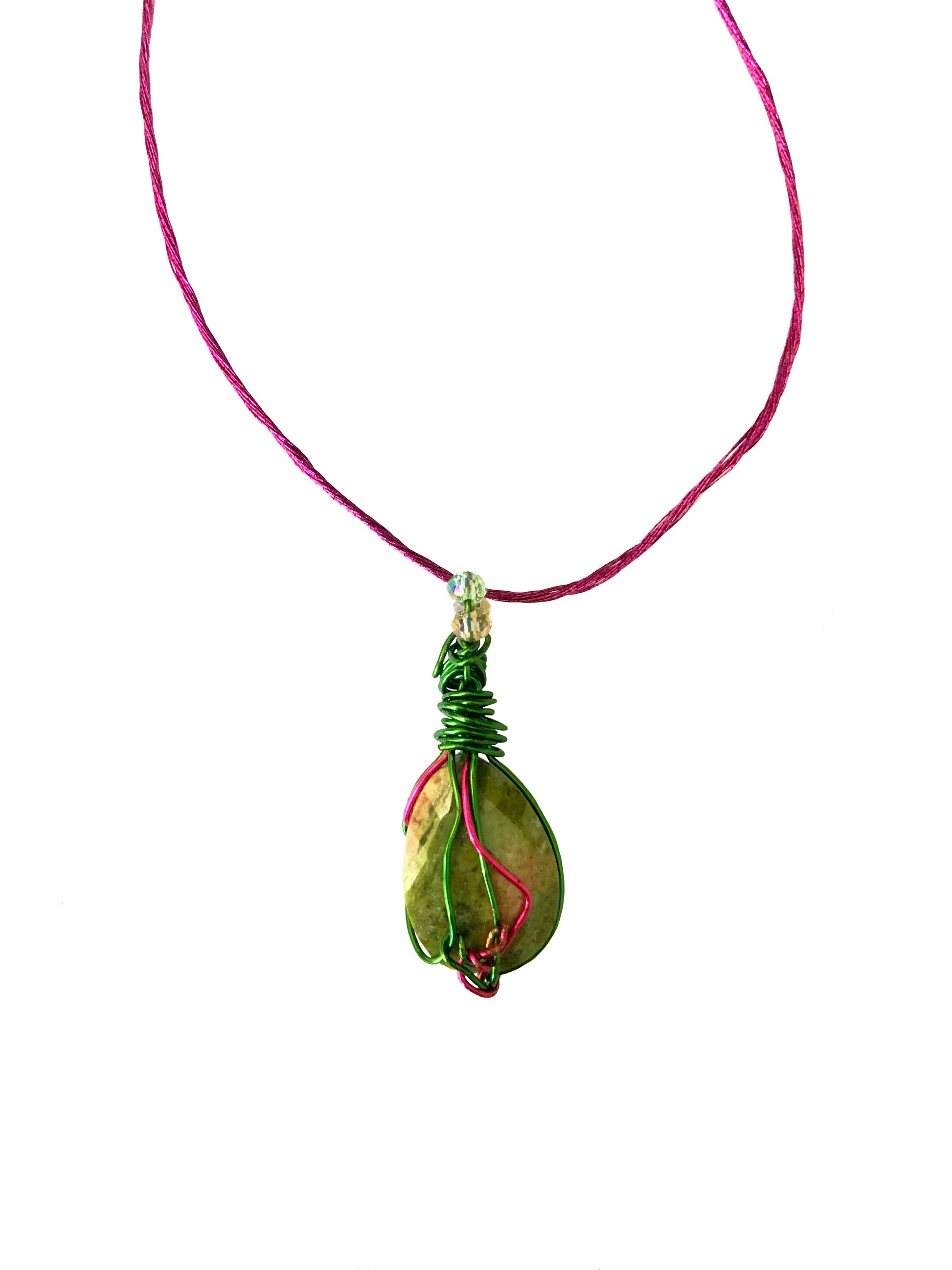 handcrafted green and pink wire wrapped quartz pendant necklace with adjustable sliding knot ties.