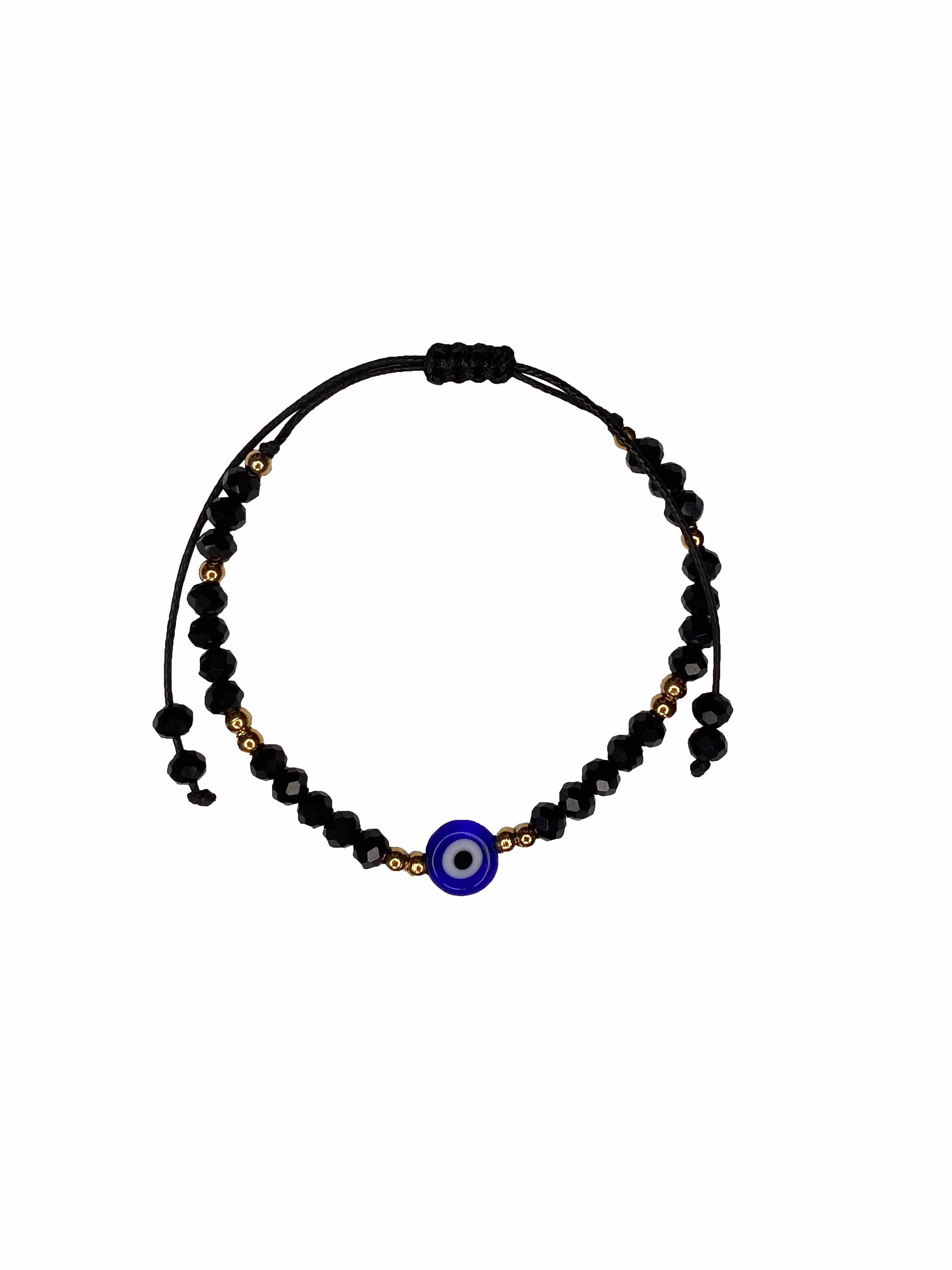 Handmade black crystal beaded nazar amulet bracelet with sliding knot ties.