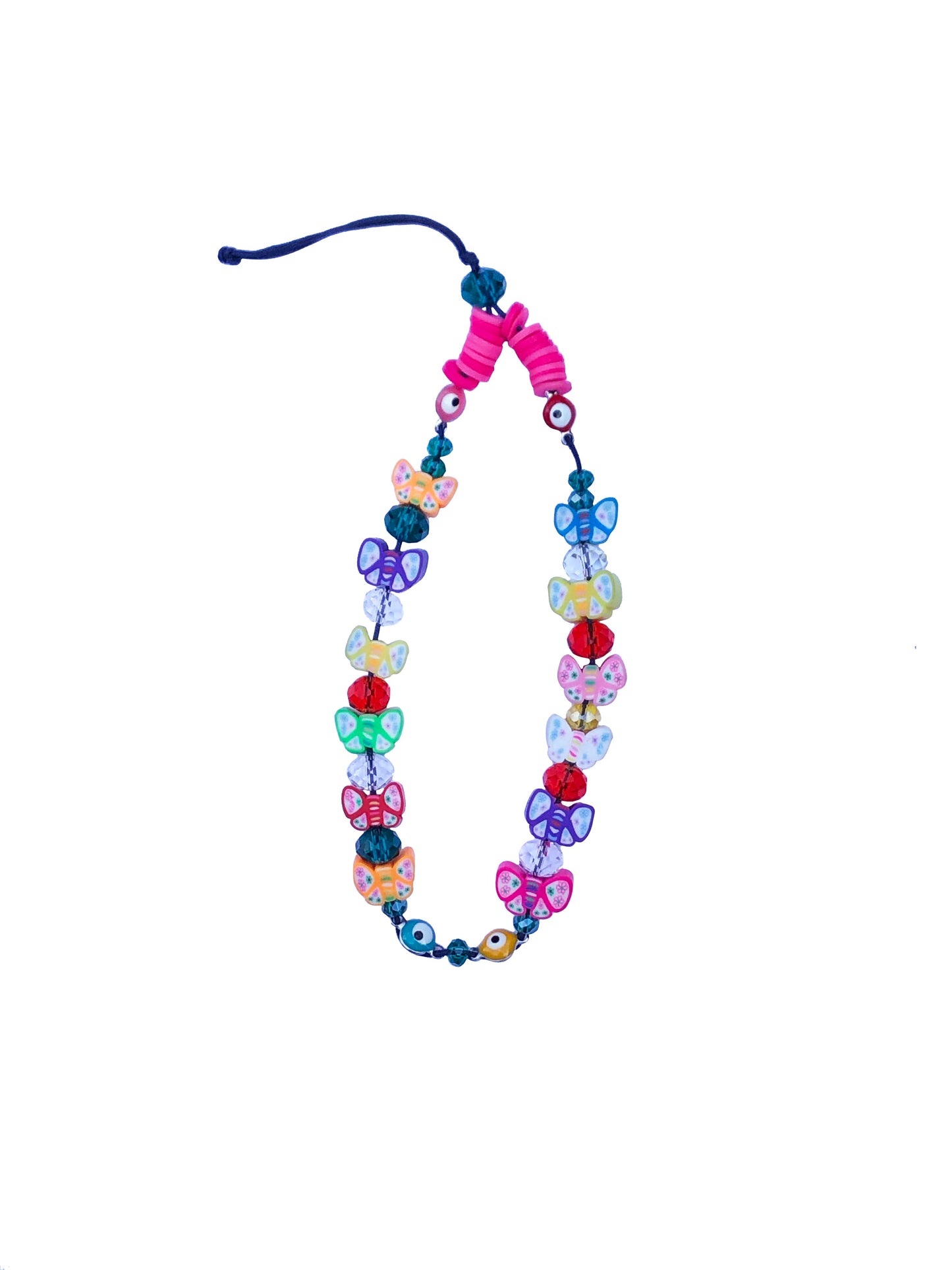 handcrafted multicolored beaded phone wrist strap made using butterfly charms, crystal and flat rubber beads, and four evil eye charms.