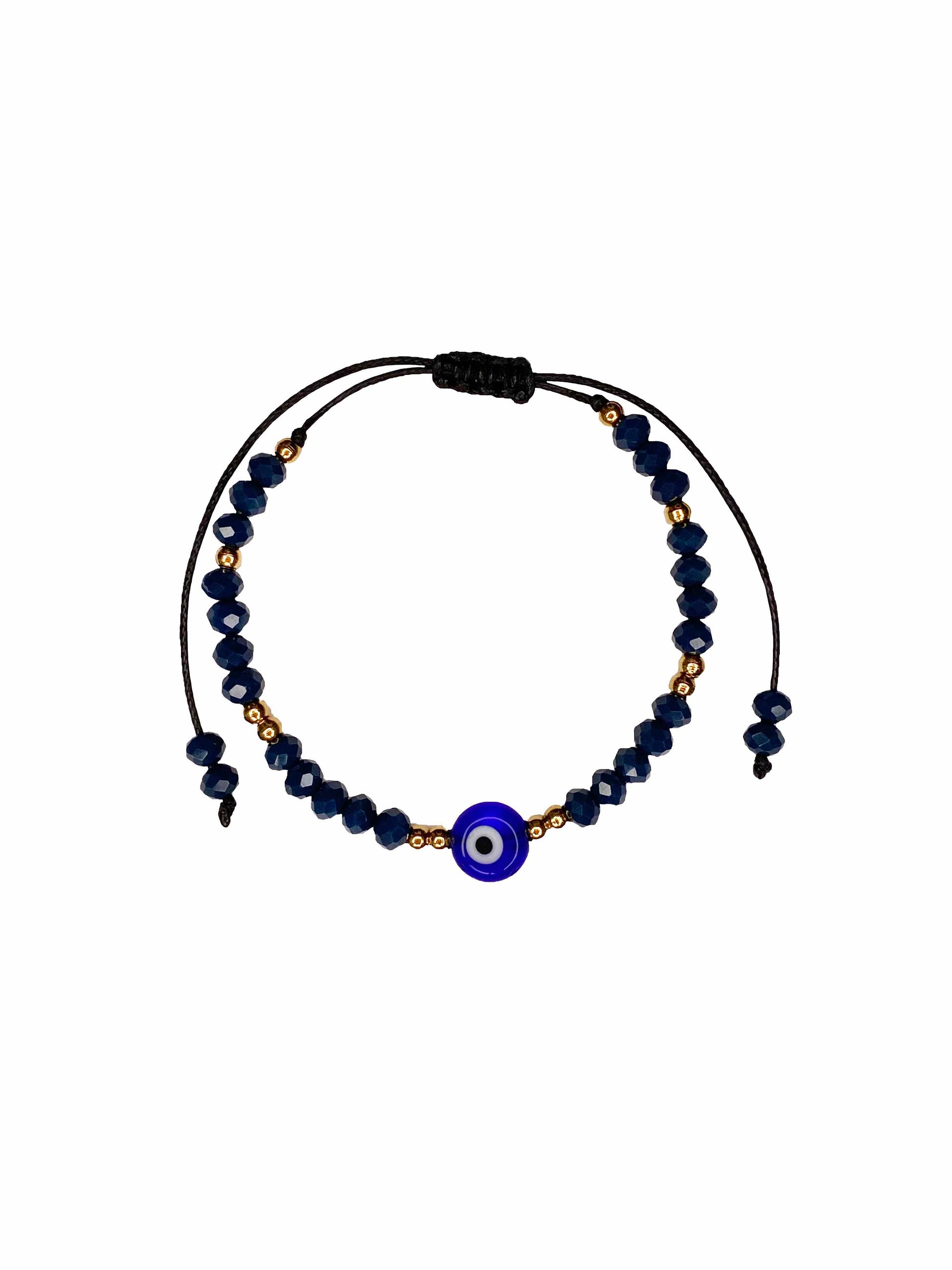 Handmade dark blue crystal beaded nazar amulet bracelet with sliding knot ties.
