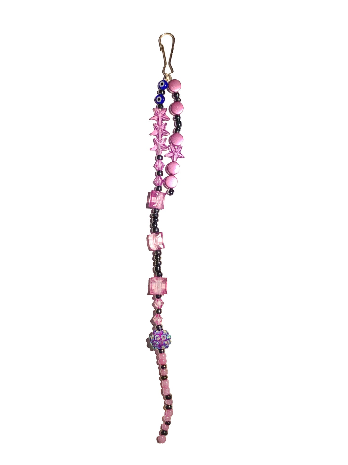Pink and black beaded bag charm with a ball and evil eye charms.