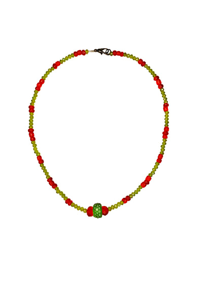 Handcrafted red and green crystal beaded necklace with rhinestone charm at its center.