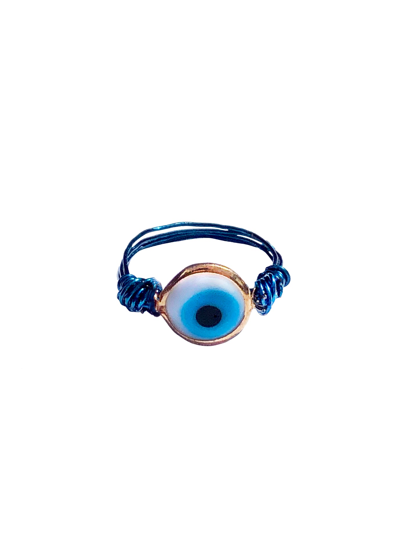 handmade blue wire wrapped gold evil eye charm.