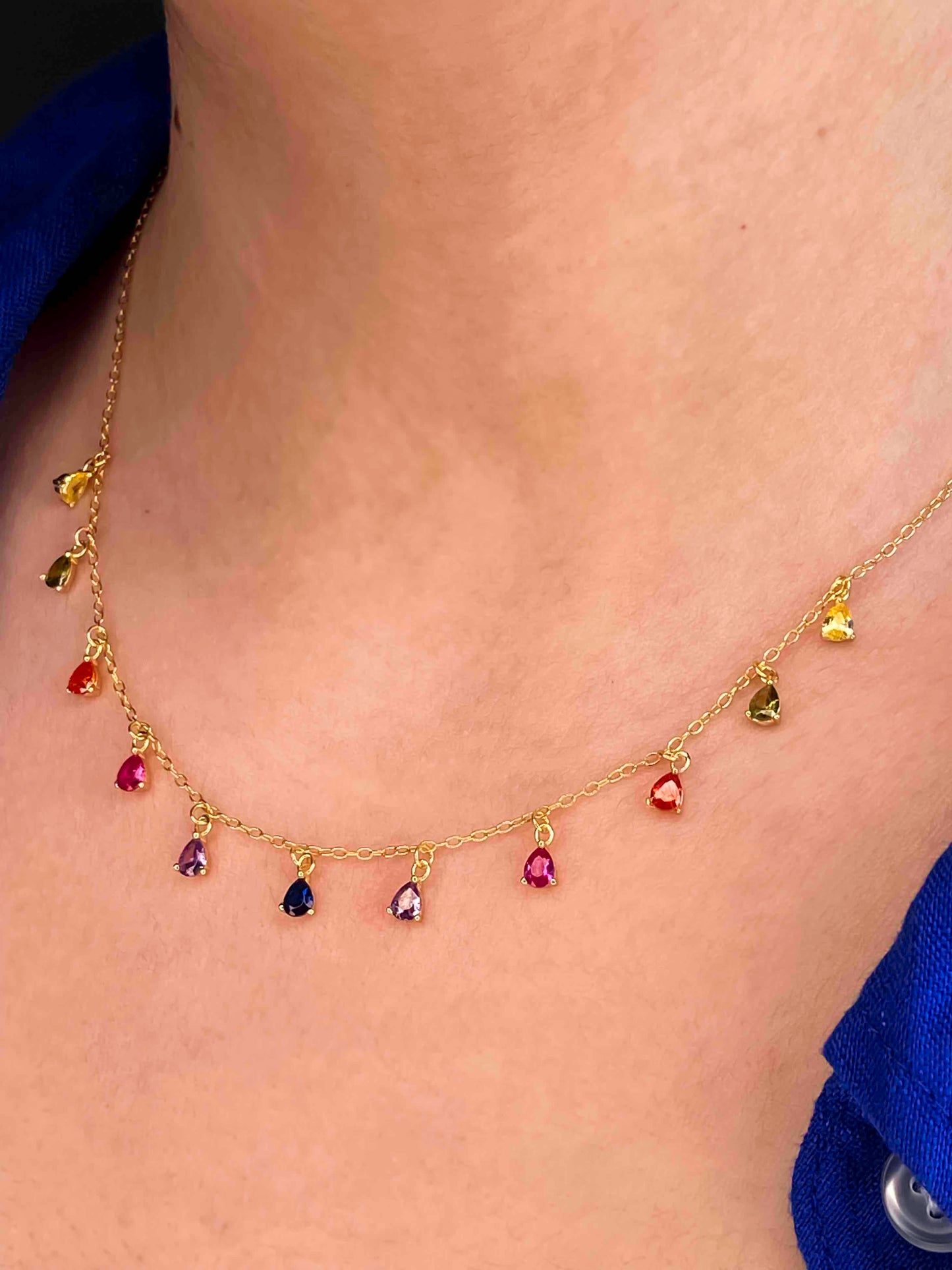 925 gold-plated sterling silver chain necklace with multicolored zirconia stones. 