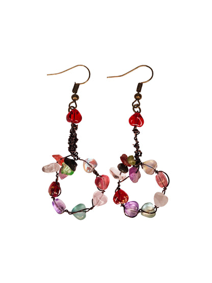 Handmade wire wrapped drop dangle earrings with multicolored heart beads and gemstones.