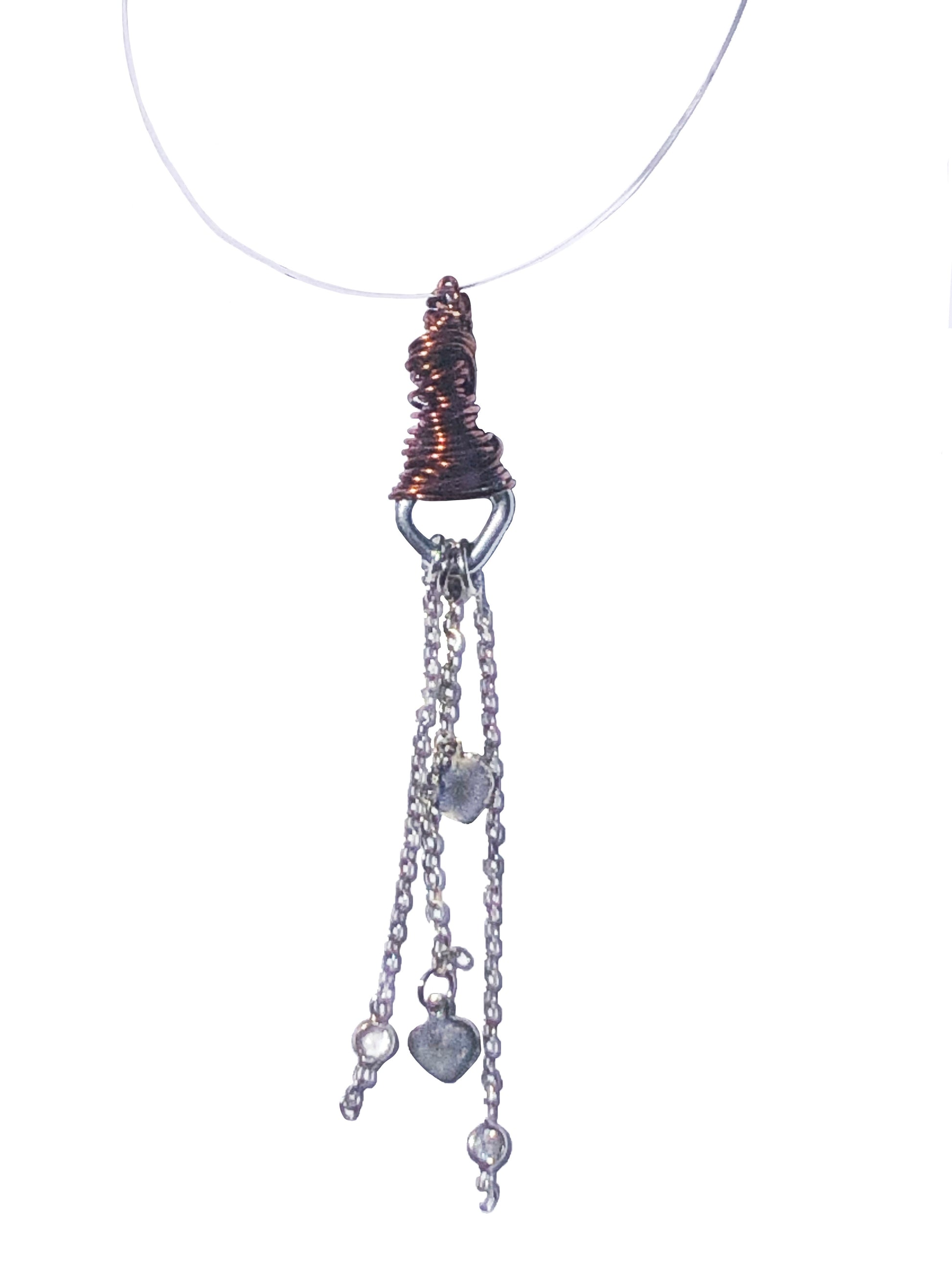 handcrafted bronze wire wrapped pendant with silver chains and heart charms.