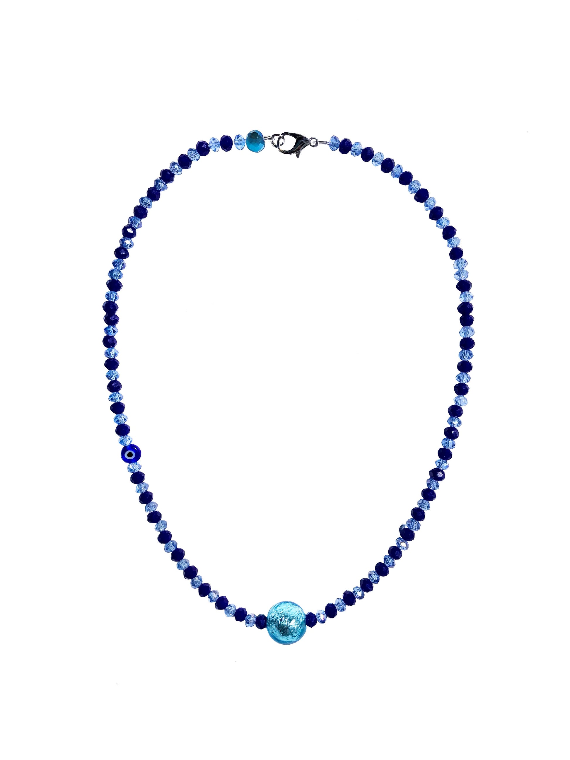 handcrafted blue crystal beaded necklace with an evil eye and paper mache charm