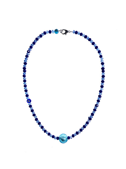 handcrafted blue crystal beaded necklace with an evil eye and paper mache charm