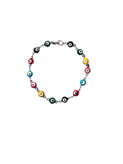 multicolored evil eye charms handcrafted into a chain bracelet