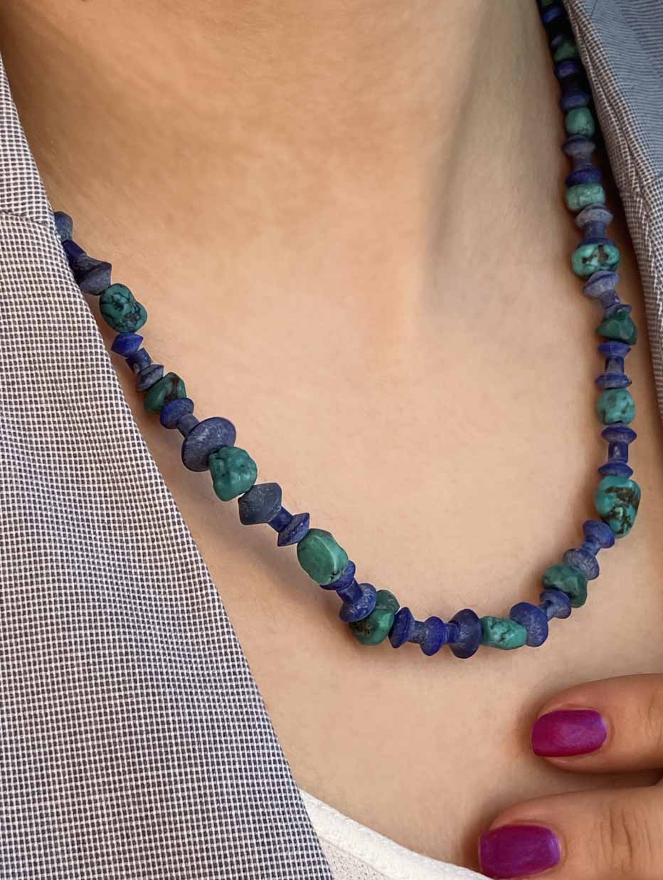 Handmade beaded lapis lazuli and turquoise vintage necklace. 