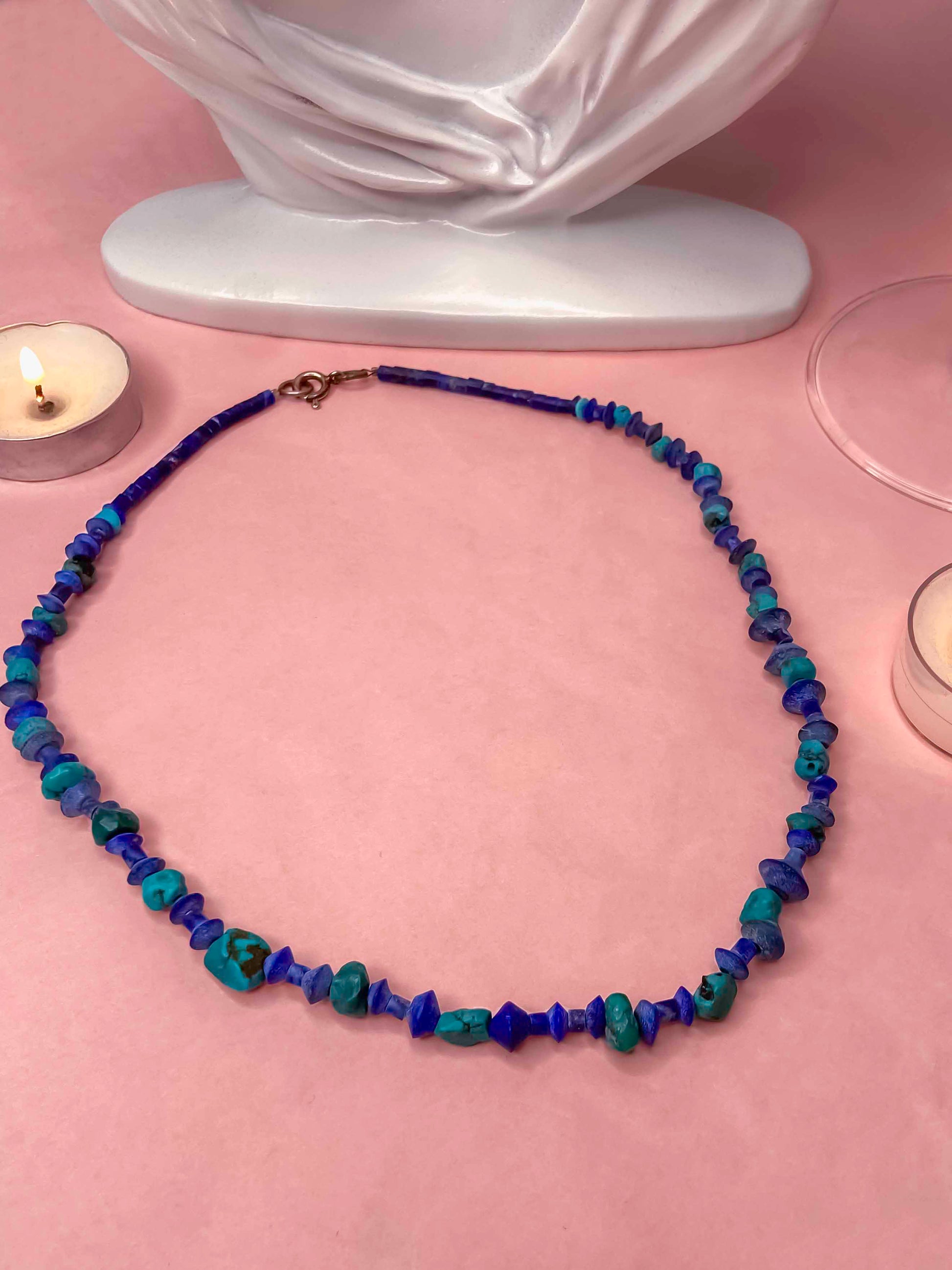 Handmade beaded lapis lazuli and turquoise vintage necklace. 