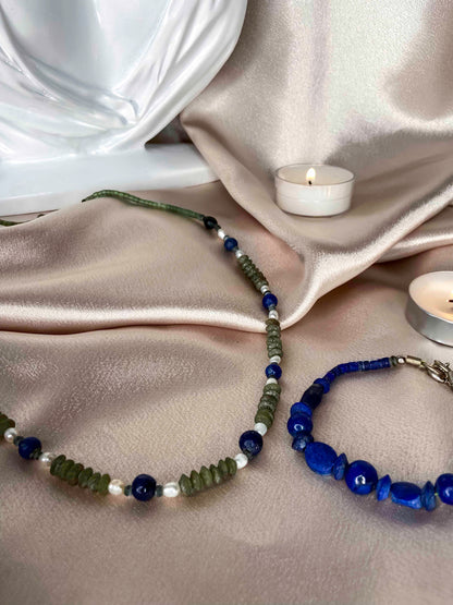 Handmade vintage necklace crafted using lapis lazuli, pearls & serpentine gemstones, and a beaded lapis lazuli stone vintage bracelet.