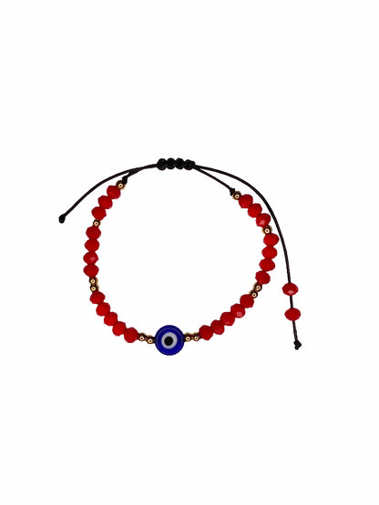 Handmade red crystal beaded nazar amulet bracelet with sliding knot ties.