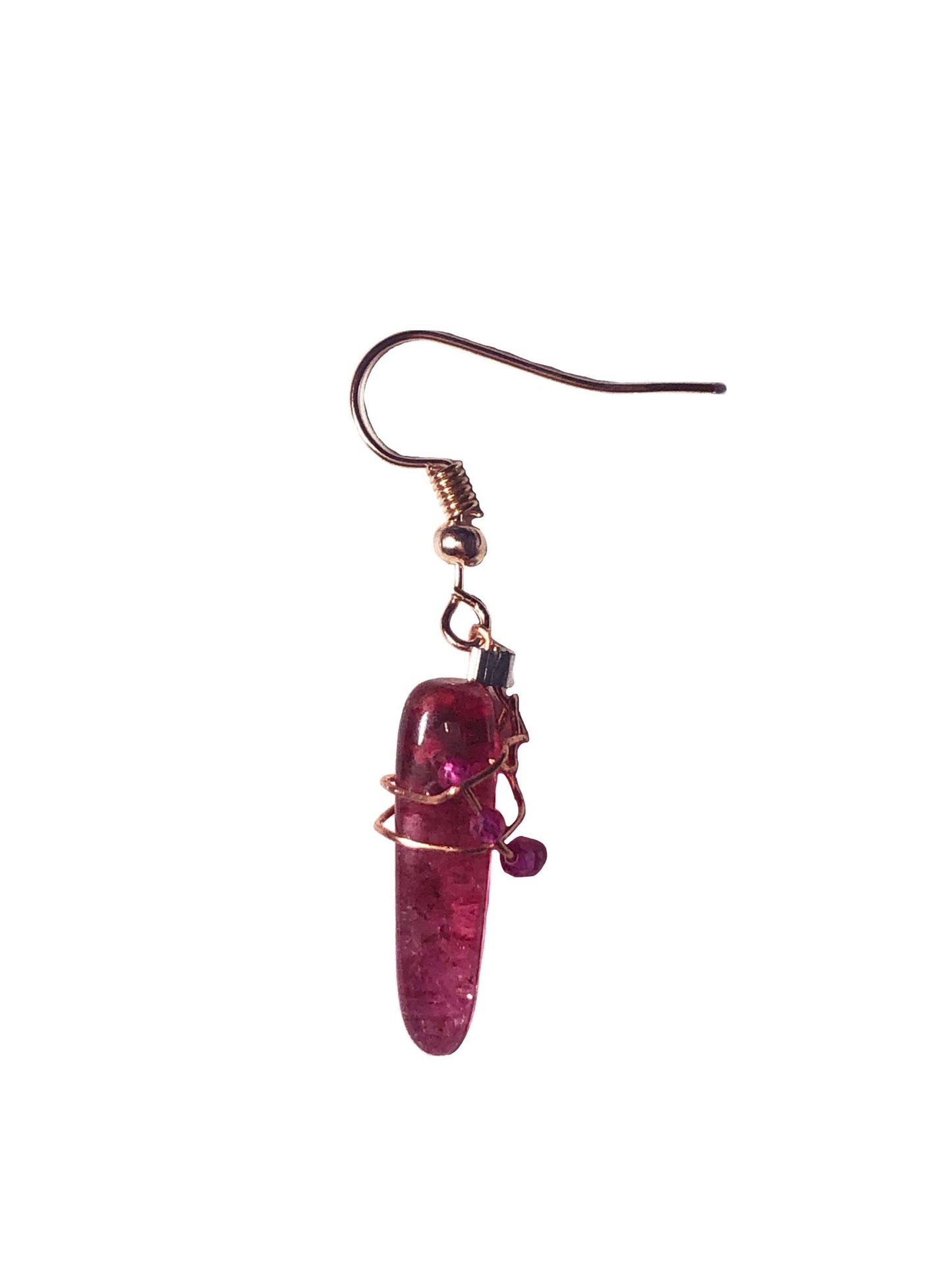 Handcrafted asymmetrical pink crystal beads and a pink tourmaline stone wire wrapped earrings. 