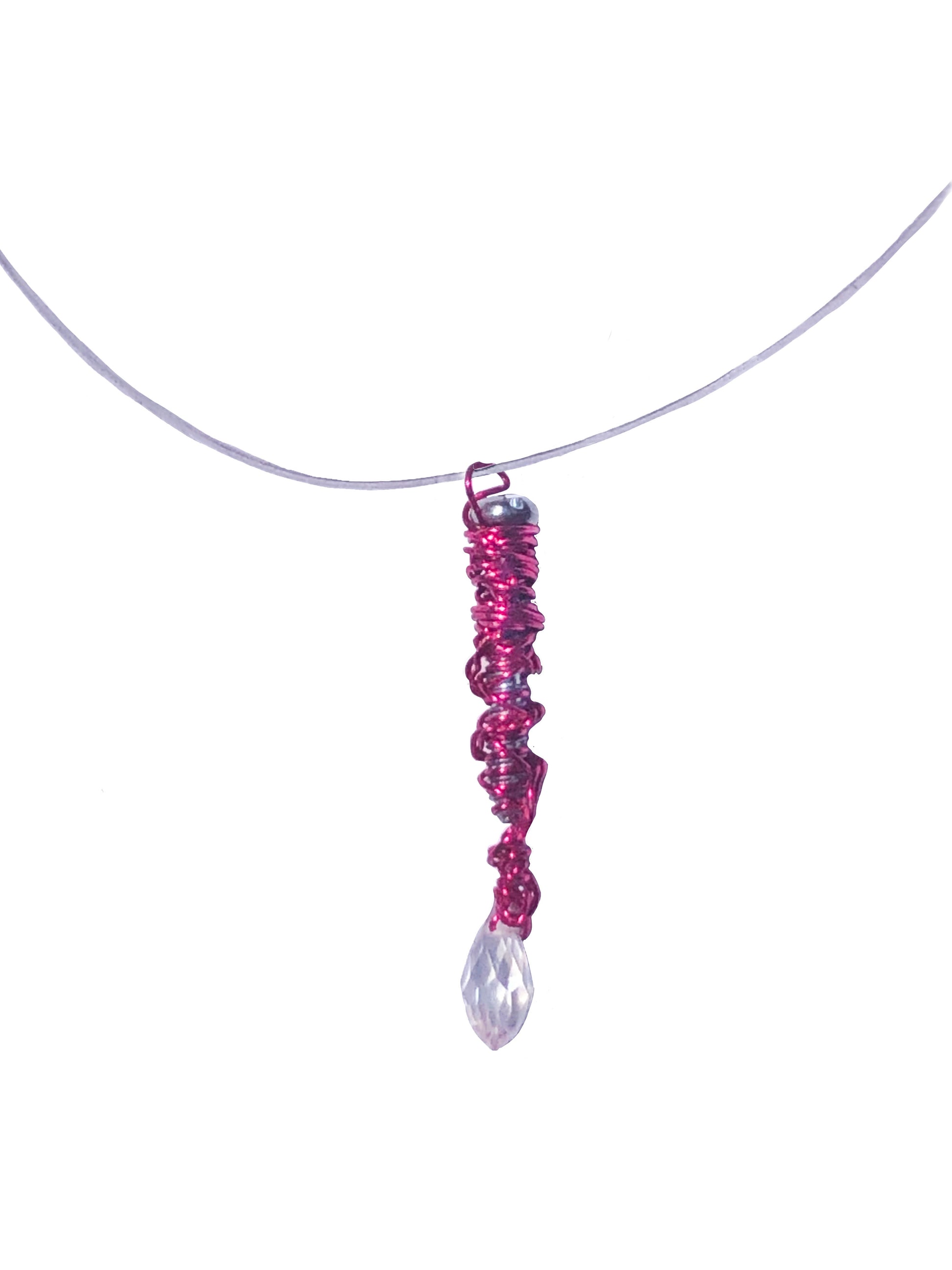 handcrafted pink wire wrapped metal screw pendant with a clear glass charm