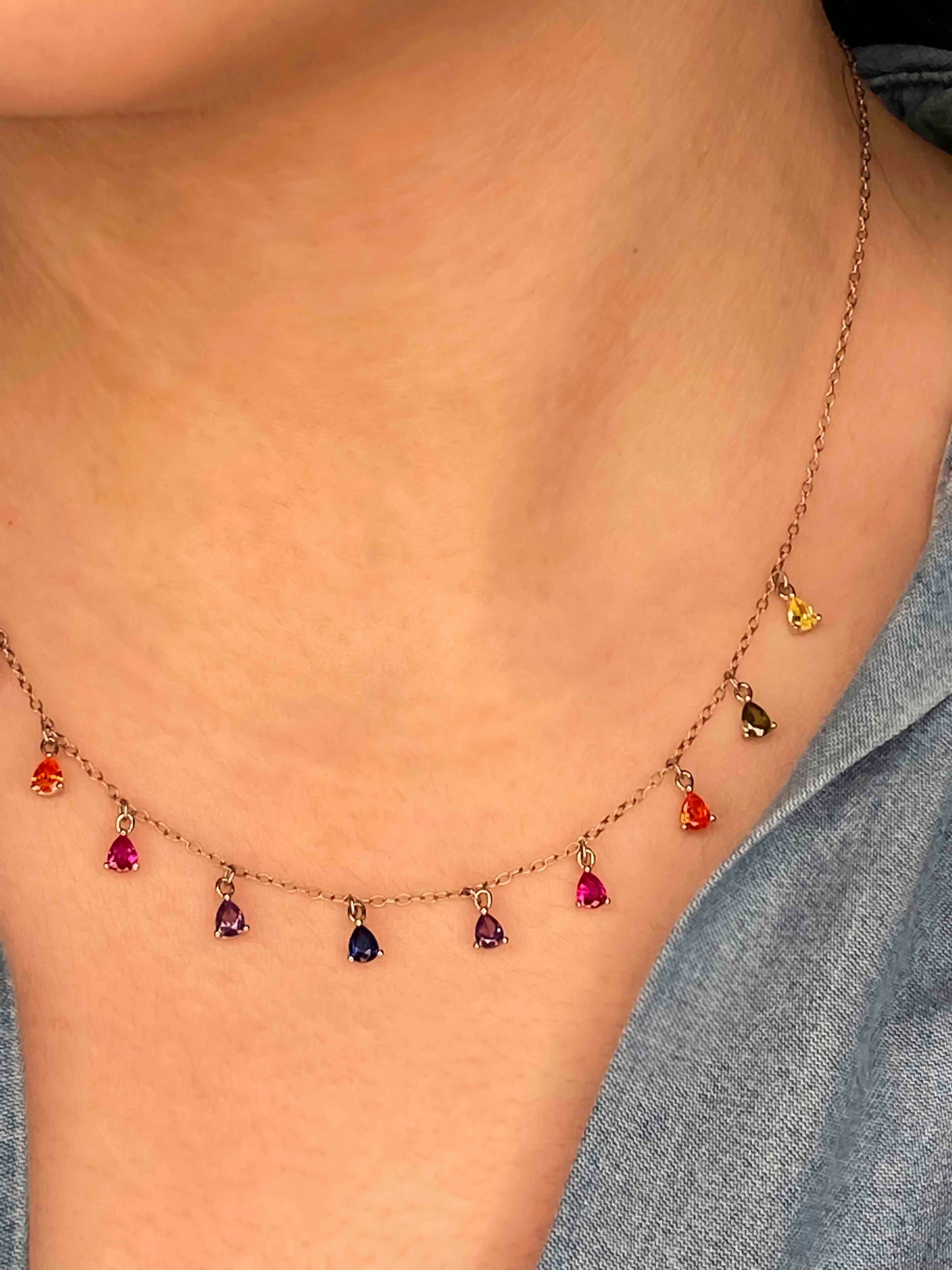 925 sterling silver chain necklace with multicolored zirconia stones. 