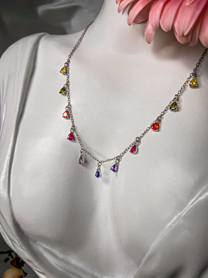 925 sterling silver chain necklace with multicolored zirconia stones. 