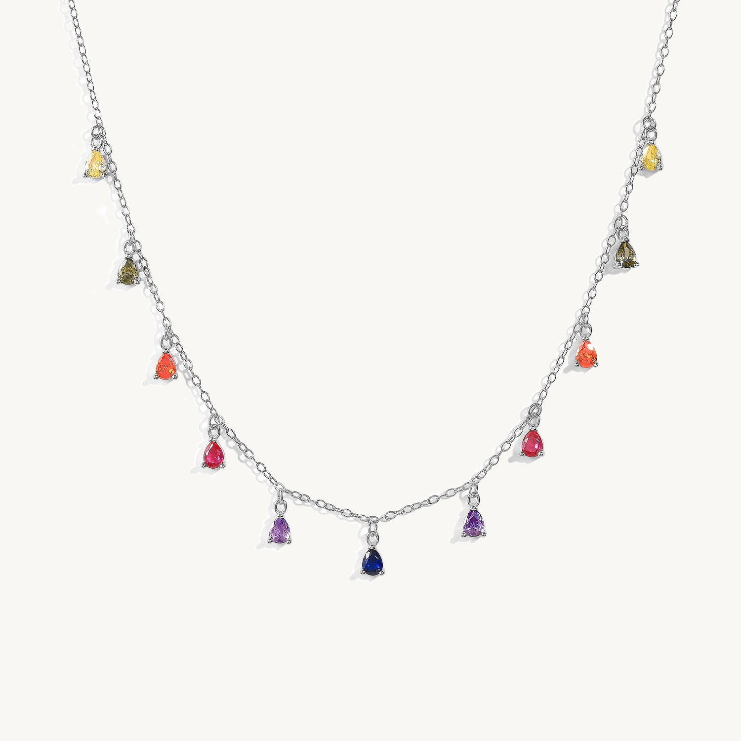 925 sterling silver chain necklace with multicolored zirconia stones.