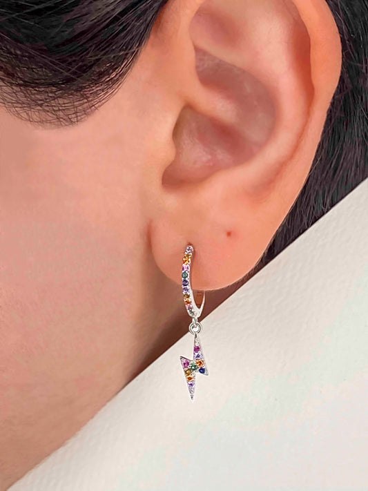  925 sterling silver huggie hoop lighting bolt earrings with multicolored zirconia stones.