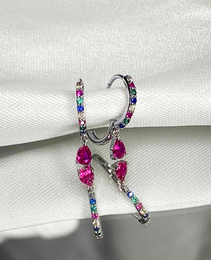 925 sterling silver huggie hoop earrings with multicolored zirconia stones. 