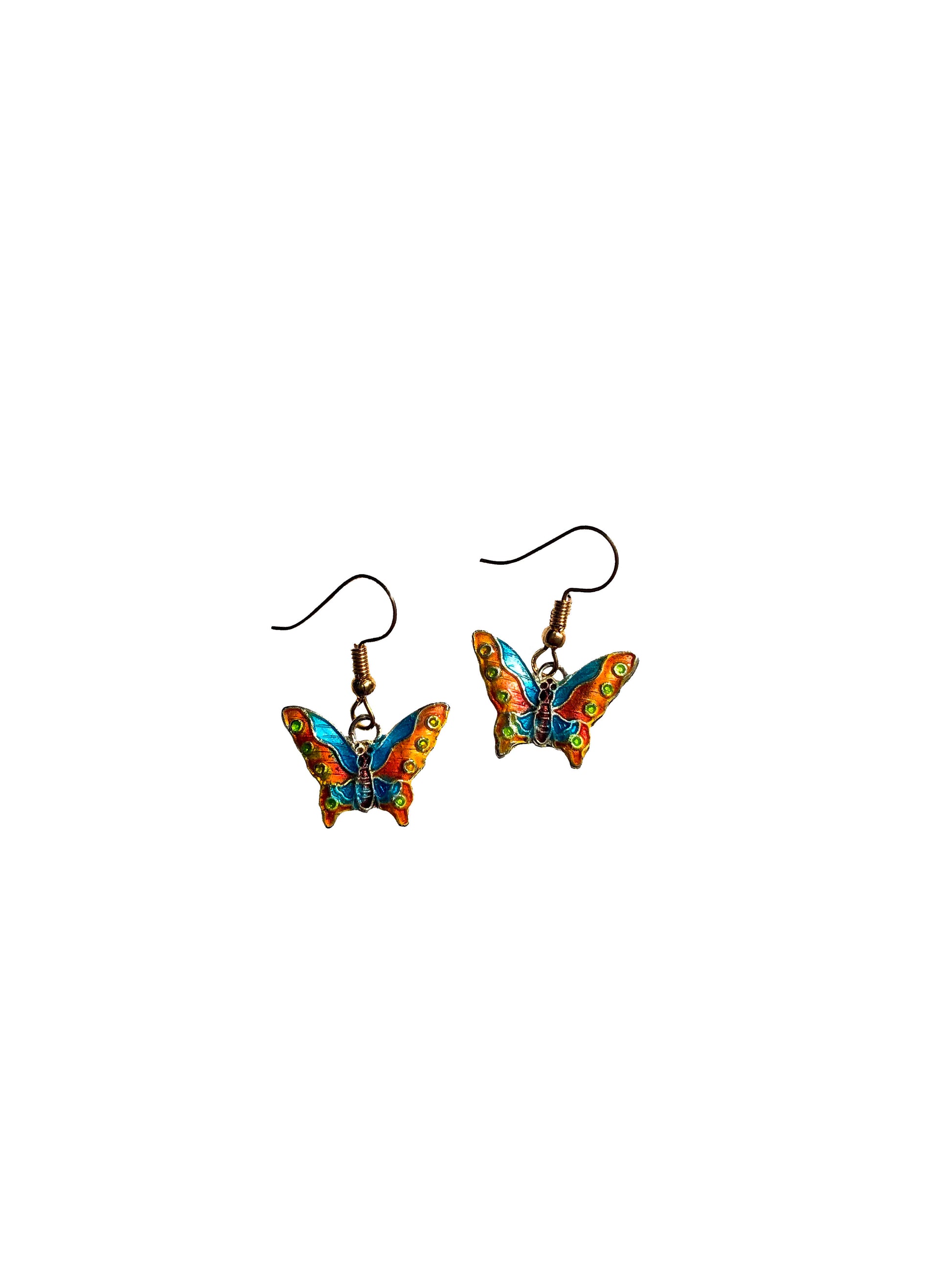 A dangling pair of blue, orange & green butterfly charm earrings.