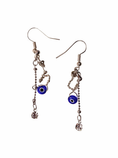 Handmade silver wire wrapped evil eye dangle drop earrings.