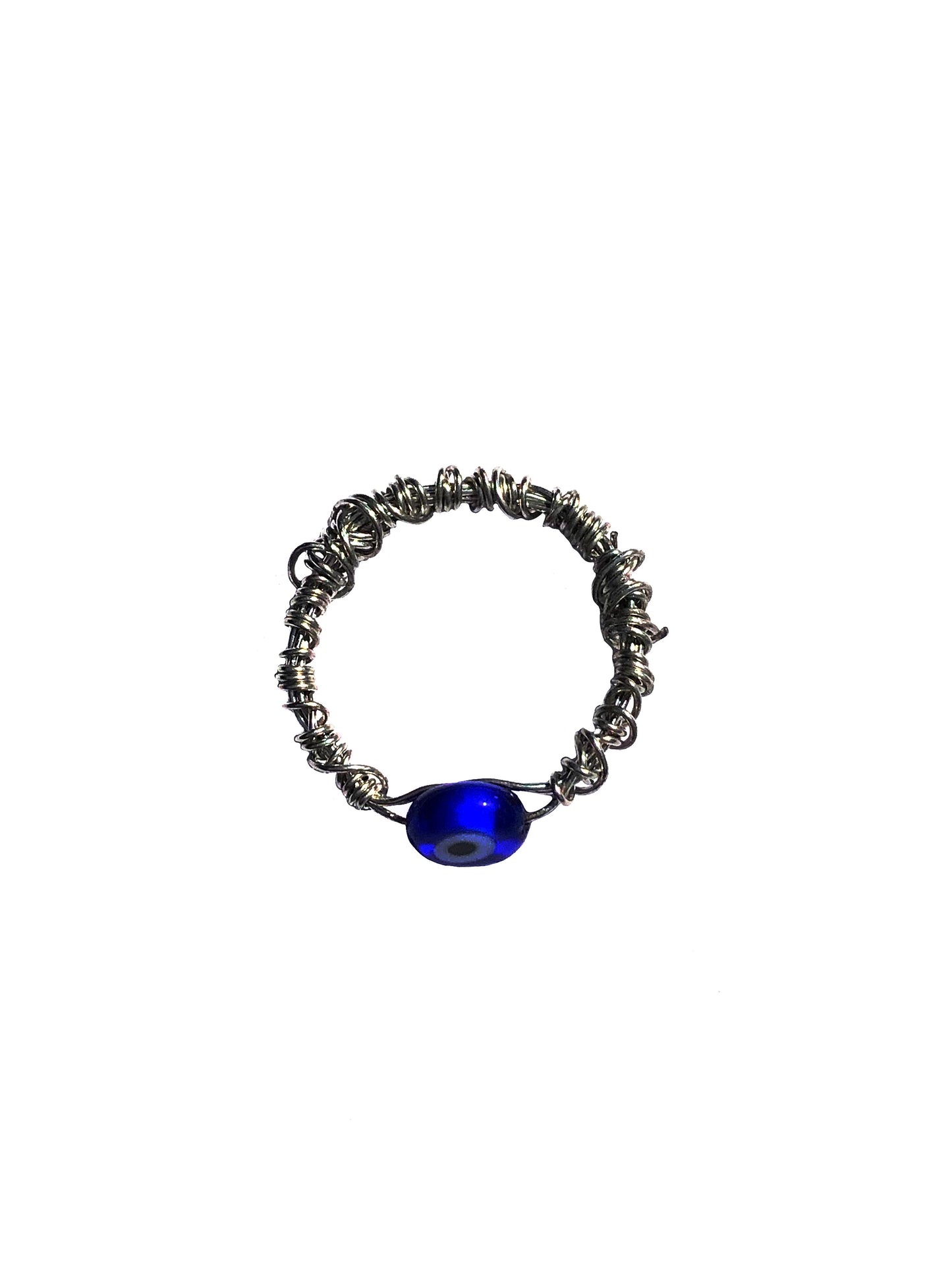 Handmade silver wire wrapped blue evil eye charm ring.