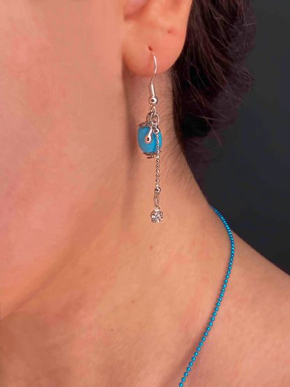 Handmade turquoise stone and evil eye pendant and dangle drop earring set. 