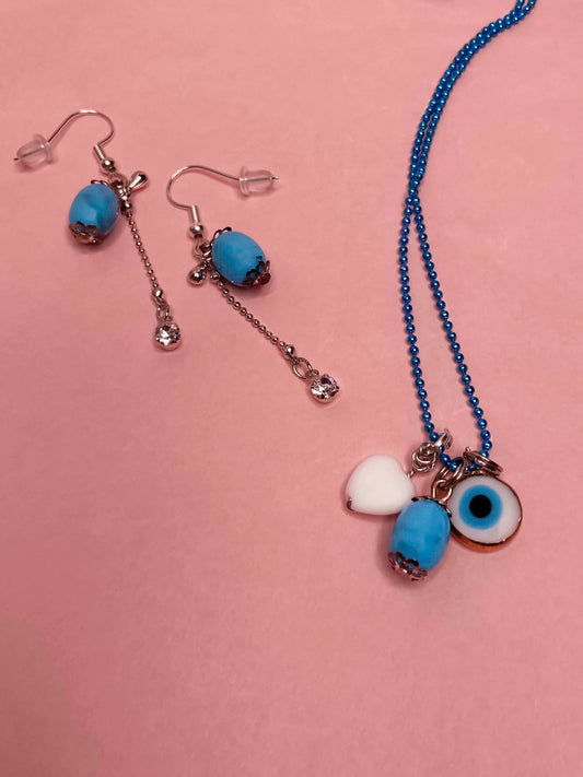 Handmade turquoise stone and evil eye pendant and dangle drop earring set. 