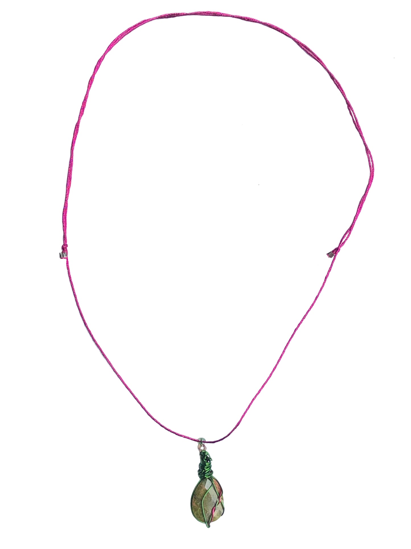 handcrafted green and pink wire wrapped quartz pendant necklace with adjustable sliding knot ties.