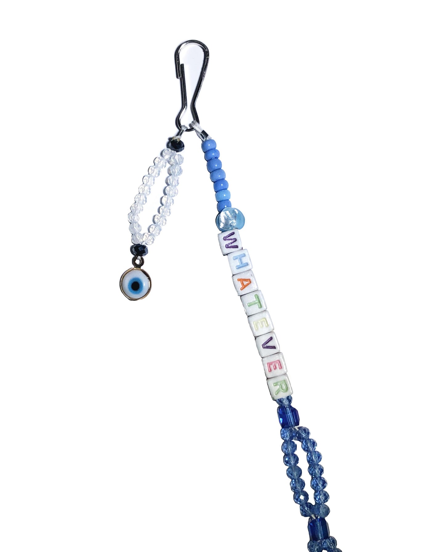 Blue and white crystal beaded bag charm with whatever spelled out using letter beads and an evil eye charm.