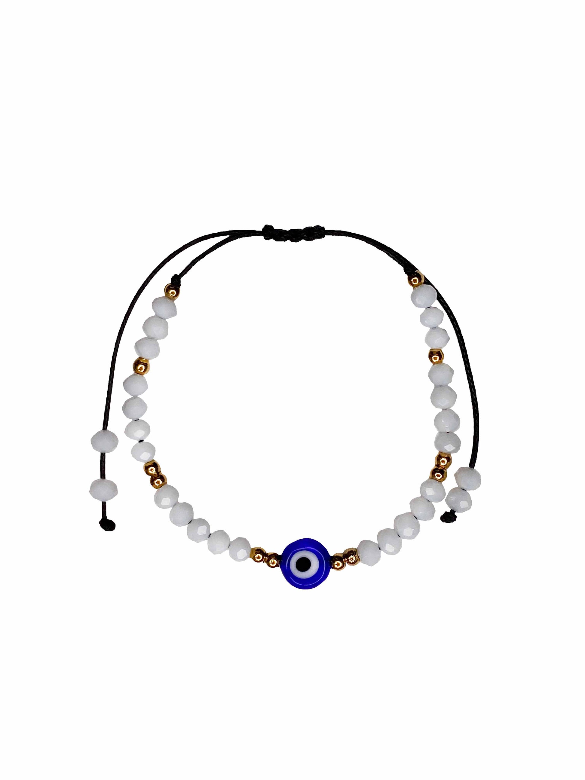 Handmade white crystal beaded nazar amulet bracelet with sliding knot ties.